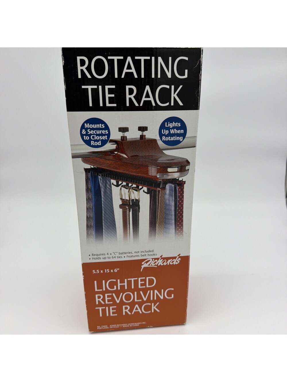 RICHARDS LIGHTED REVOLVING TIE RACK - HOLDS 64 TIES - CHERRY WOOD FINISH - NIB